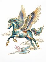 Ornate winged horse with gold and blue decorative patterns, isolated on transparent background. Ready for t-shirts, stickers, clipart, sublimation, and print-on-demand designs.