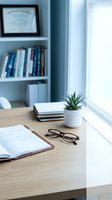 Modern home office workspace with wooden desk, succulent plant, eyeglasses, notebook and bookshelf by window for productivity and remote work concepts.