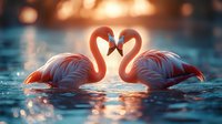 Two pink flamingos forming heart shape with necks in sparkling water at golden sunset. Romantic wildlife scene with warm bokeh lights and reflections.