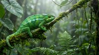 Green chameleon resting on moss-covered branch in lush tropical rainforest with ferns and vines creating natural jungle habitat for wildlife photography.