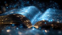 Magical open book with glowing blue light and sparkles emerging from pages against dark background, creating mystical atmosphere for fantasy concepts.