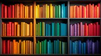Colorful books arranged by spectrum colors on wooden shelves creating rainbow pattern. Library collection organized in vibrant gradient from red through yellow to blue and purple.