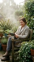Woman in cardigan using tablet in lush greenhouse surrounded by potted plants, ivy, and ferns. Warm sunlight filters through foliage. Perfect for gardening, technology, wellness, and lifestyle content.