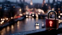 Red padlock with glowing keyhole against blurred urban nightscape and rain, creating moody atmosphere with bokeh lights reflecting on wet surface. Security concept.