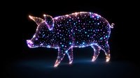 Glowing pig silhouette illuminated with purple and blue lights against dark background, festive outdoor holiday decoration with sparkling star effect.