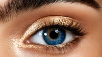 Close up of bright blue eye with shimmering gold eyeshadow and long eyelashes on light skin, macro beauty shot showing detailed iris and makeup artistry.
