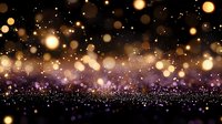 Magical glowing bokeh lights on dark background with golden sparkles and purple hues creating dreamy atmospheric effect. Blurred festive backdrop.