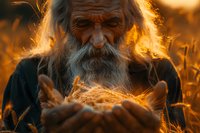 Elderly Caucasian man with long gray beard holding wheat in cupped hands at golden sunset, dramatic lighting creates mystical agricultural atmosphere.
