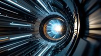 Futuristic circular tunnel with glowing blue light rays and metallic structure creating dynamic motion effect, suggesting high-speed data transfer or space travel concept.