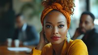 Young African American businesswoman with orange headwrap and yellow blazer in modern office setting, professional portrait for corporate diversity.
