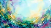 Vibrant watercolor landscape with flowing layers of blue, green, yellow, and purple hues blending into soft, dreamy sky. Suitable for backgrounds, wall art, and creative projects.