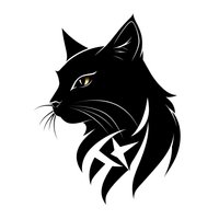 Black cat head silhouette with tribal design elements isolated on white background for logo design and decorative applications.