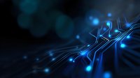 Glowing blue circuit paths with light nodes on dark background create futuristic technology pattern for digital and tech industry designs.