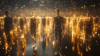 Silhouettes of diverse people standing among glowing golden light particles and bokeh effects, representing connection, community, and digital networking for business and social concepts.