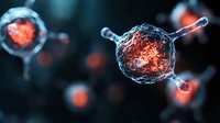 Microscopic virus particles with glowing orange cores and crystalline structures floating in dark blue scientific environment for medical and research applications.