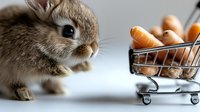 Curious brown bunny rabbit looking at shopping cart filled with fresh orange carrots on white background, concept of healthy eating and pet food.