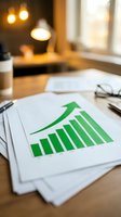 Business growth chart with green bars and upward arrow on papers in modern office workspace for financial reports and presentations.
