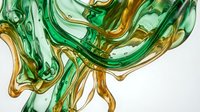 Flowing liquid glass in emerald and amber tones swirls across white background, creating organic abstract patterns. Suitable for modern design, backgrounds, and creative projects.