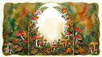 Watercolor autumn forest scene with red mushrooms, ferns and foliage creating decorative border frame on textured background for seasonal designs.
