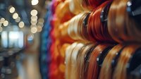 Colorful hair extensions or wigs displayed in rows, showcasing various shades from auburn and blonde to vibrant colors in a salon or beauty supply store.