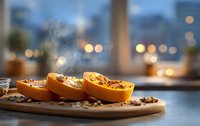 Roasted orange halves with spices steaming on wooden board against blurred city lights background, creating cozy autumn atmosphere.