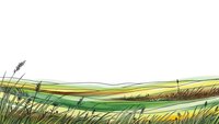 Peaceful countryside landscape with rolling green hills and wild grass meadow in watercolor style for nature designs and rural themed projects.