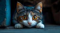 Adorable tabby kitten with bright orange eyes peeking out from hiding spot, curious expression, striped fur pattern, domestic cat portrait for pet themes.