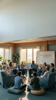 Diverse group therapy session in modern wellness center with natural light and comfortable seating arrangement for mental health support.
