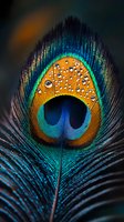 Macro shot of peacock feather with water drops on golden eye spot, showing vibrant turquoise, blue and orange colors against dark background.