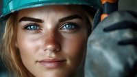Young female construction worker with blue eyes wearing protective hardhat, close-up portrait showing confidence and determination in industrial setting.