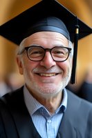 Senior man wearing graduation cap and gown smiling at camera, representing lifelong learning and educational achievement at any age.
