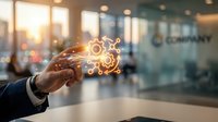 Businessman hand holding glowing gear icons in modern office environment, representing digital transformation, innovation, and business process automation technology.