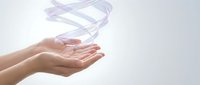 Cupped hands releasing flowing purple ribbon streams against clean white background symbolizing freedom, creativity and gentle movement for wellness concepts.