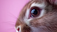 Close up macro shot of brown rabbit eye and fur on pink background showing detailed texture of animal eyelashes and soft fuzzy coat.