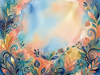 Watercolor floral frame with ornamental botanical elements in warm and cool tones, ideal for backgrounds, invitations, and decorative design projects.