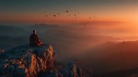 Person sitting on mountain peak during golden hour sunset with birds flying overhead in serene landscape for meditation and outdoor adventure concepts.