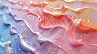 Colorful abstract liquid waves with water drops in pink, orange, and blue tones creating dynamic flowing pattern with wet surface texture and light reflections.