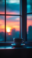 Coffee cup silhouette on windowsill against dramatic sunset sky with orange sun and city skyline, creating peaceful evening atmosphere for relaxation themes.