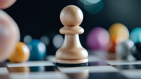 Wooden chess pawn piece standing on chessboard with colorful bokeh lights background for strategic business planning and decision making concepts.