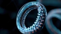 Futuristic circular hologram interface with glowing blue digital data and numbers on dark background. Technology visualization for sci-fi concepts.