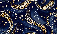 Abstract dotted pattern with swirling gold and white circles on dark blue background creates dynamic movement and flow. Seamless repeat design for fabric and wallpaper.