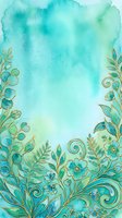 Turquoise watercolor background with ornamental botanical borders featuring gold-lined leaves, flowers, and scrollwork. Isolated design on white space, ready for invitations, greeting cards, posters, and digital projects.