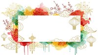Colorful Asian-inspired decorative frame with traditional lanterns, cherry blossoms, and ornamental elements on white background for festive designs.