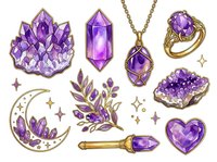 Amethyst crystal cluster, polished gemstone, and jewelry isolated on white background. Perfect for design, clipart, and decorative projects.