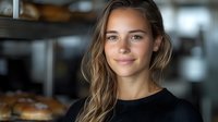 Young Caucasian female baker smiling confidently in professional kitchen with fresh bread and pastries in background for culinary business marketing.