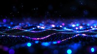 Glowing blue and purple waves with bokeh light effects on dark background create magical atmosphere for technology and science designs.