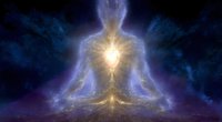 Glowing ethereal silhouette in meditation pose emanating light and energy against cosmic background, spiritual awakening concept for wellness and mindfulness practices.