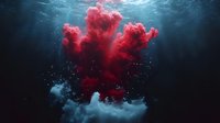 Red and blue ink clouds swirling dramatically underwater against dark background, creating abstract fluid art patterns with dynamic motion and ethereal atmosphere.
