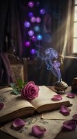 Mystical open book with burgundy rose, scattered petals, and glowing purple orbs with ethereal smoke wisps rising from ornate incense burner in moody interior setting.