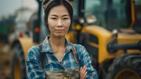 Young Asian female farmer in plaid shirt and overalls stands confidently with crossed arms in front of yellow tractor. Agricultural worker portrait in rural setting.